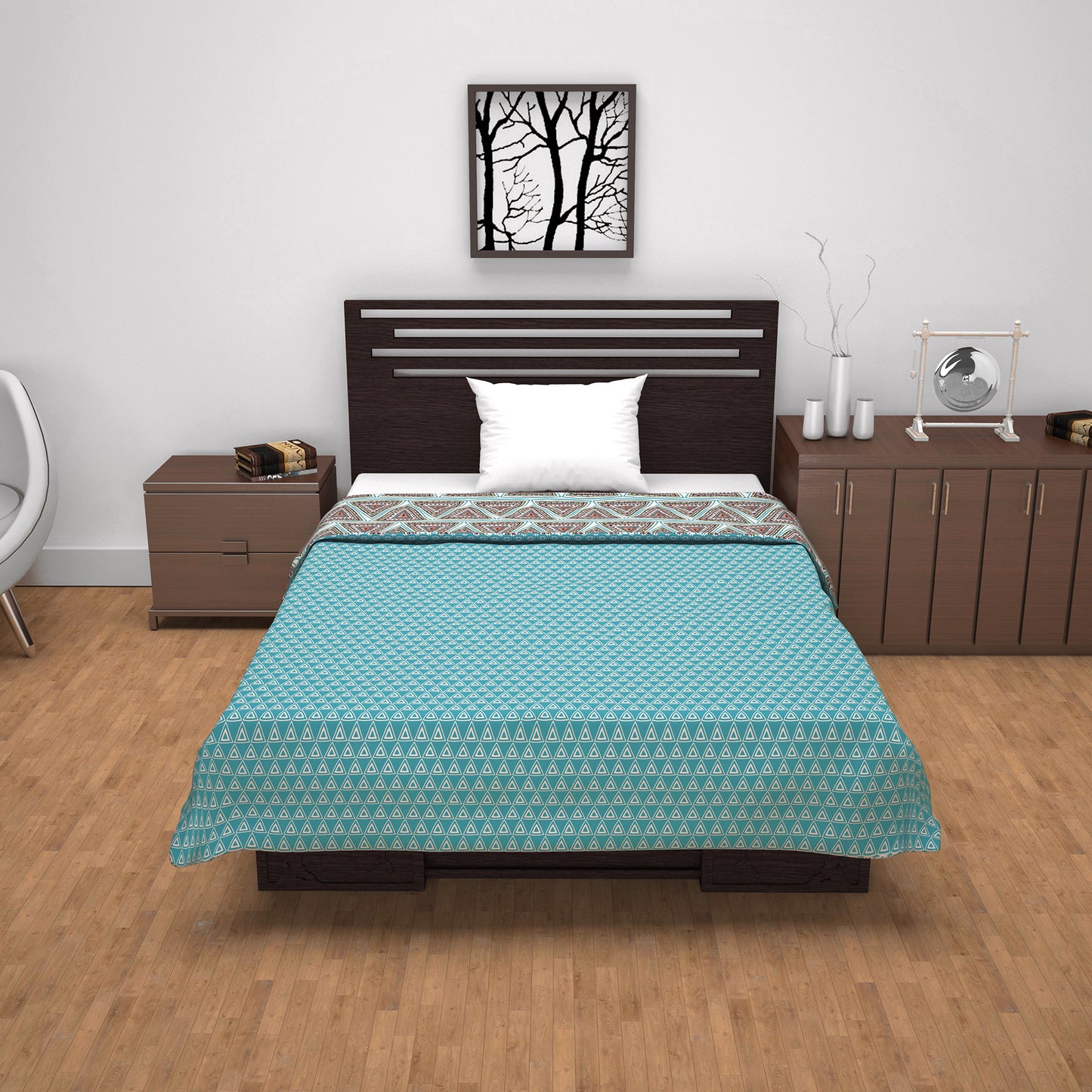 Turquoise Blue Geometric Dohar Microfiber Single Bed – 120 GSM