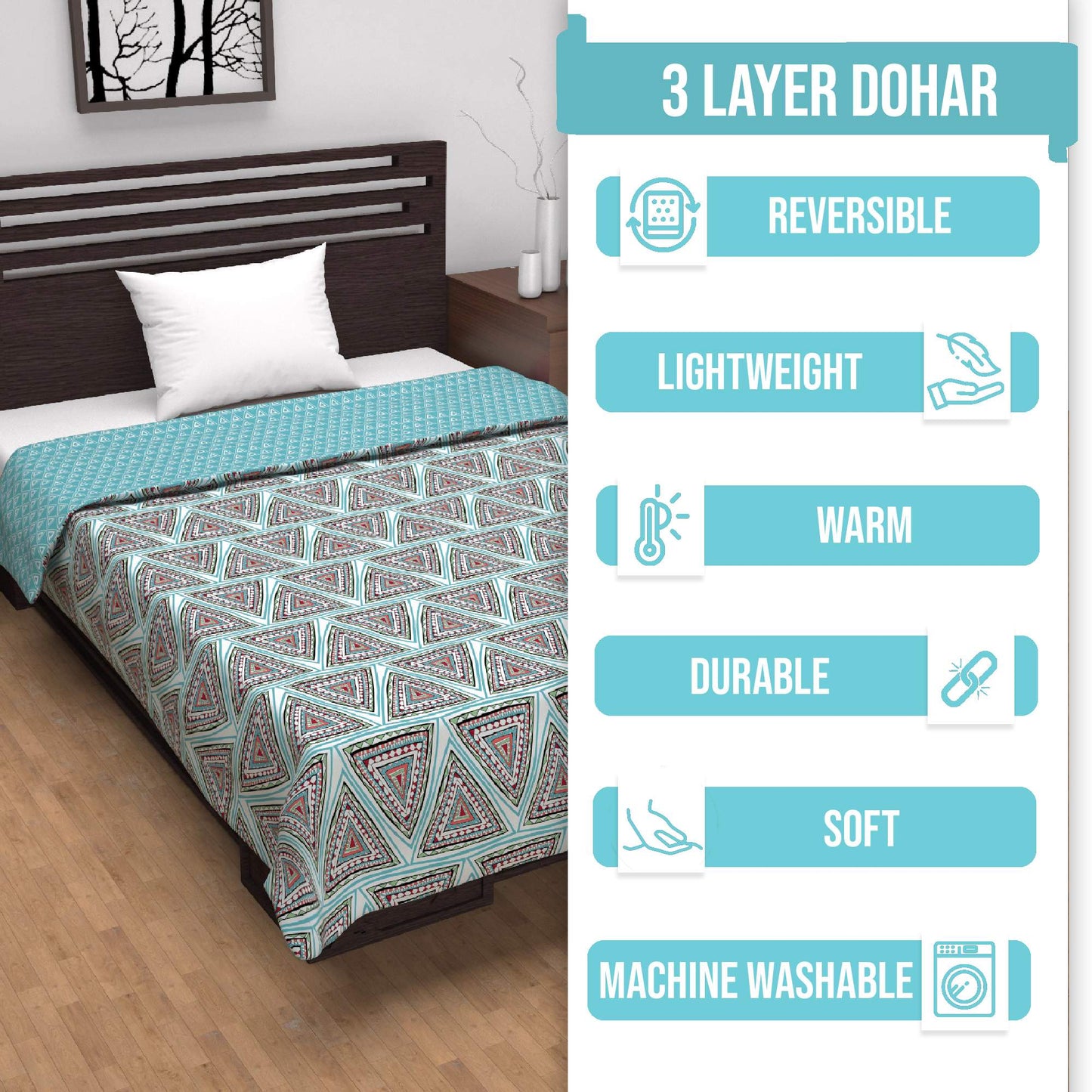 Turquoise Blue Geometric Dohar For Single Bed – 120 GSM Microfiber