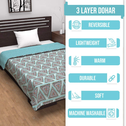 Turquoise Blue Geometric Dohar For Single Bed – 120 GSM Microfiber