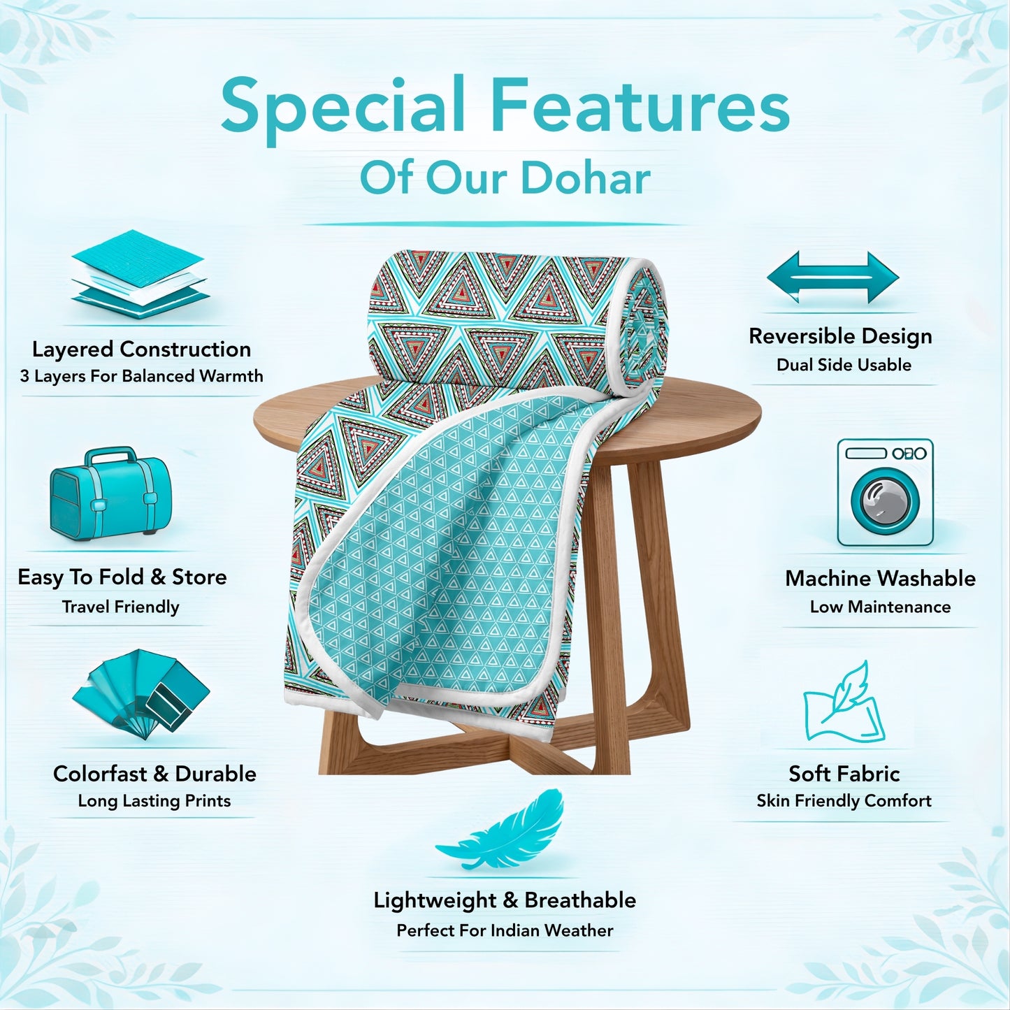 Turquoise Blue Geometric Dohar Microfiber Single Bed – 120 GSM