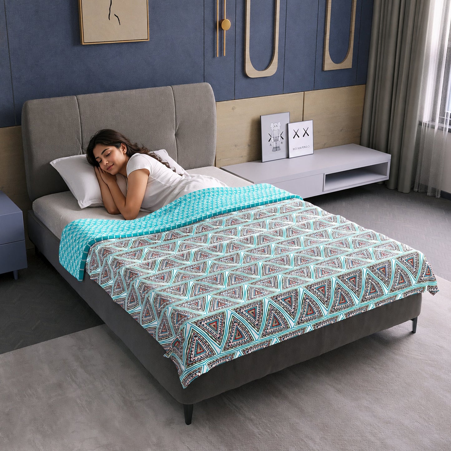 Turquoise Blue Geometric Dohar Microfiber Single Bed – 120 GSM