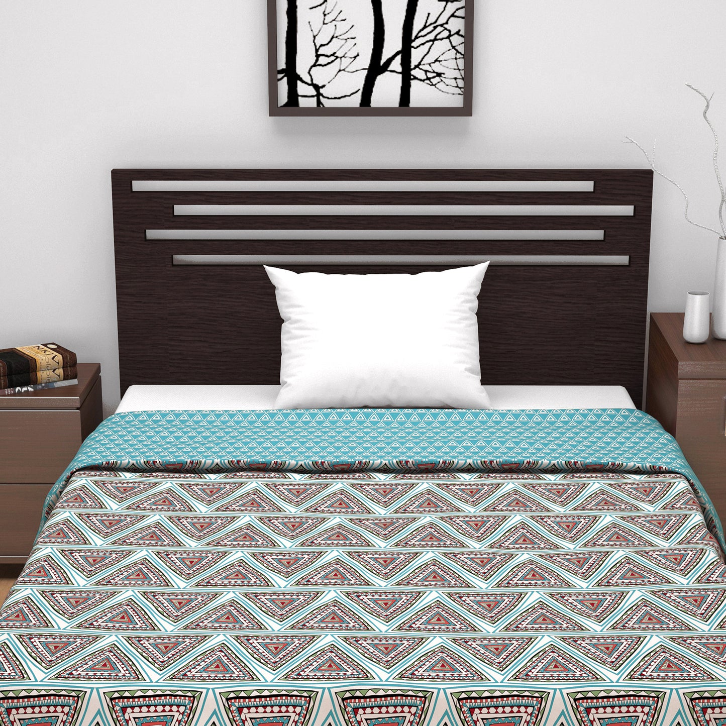 Turquoise Blue Geometric Dohar For Single Bed – 120 GSM Microfiber