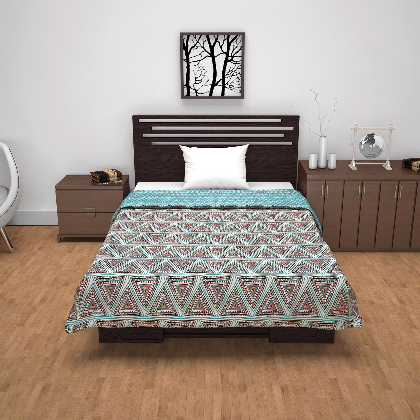 Turquoise Blue Geometric Dohar Microfiber Single Bed – 120 GSM