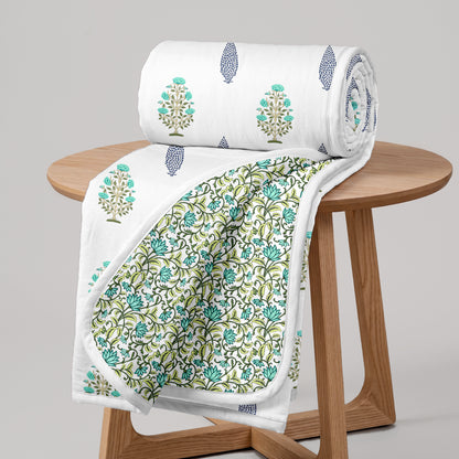 White & Teal Lightweight Microfiber Reversible Dohar For Single Bed