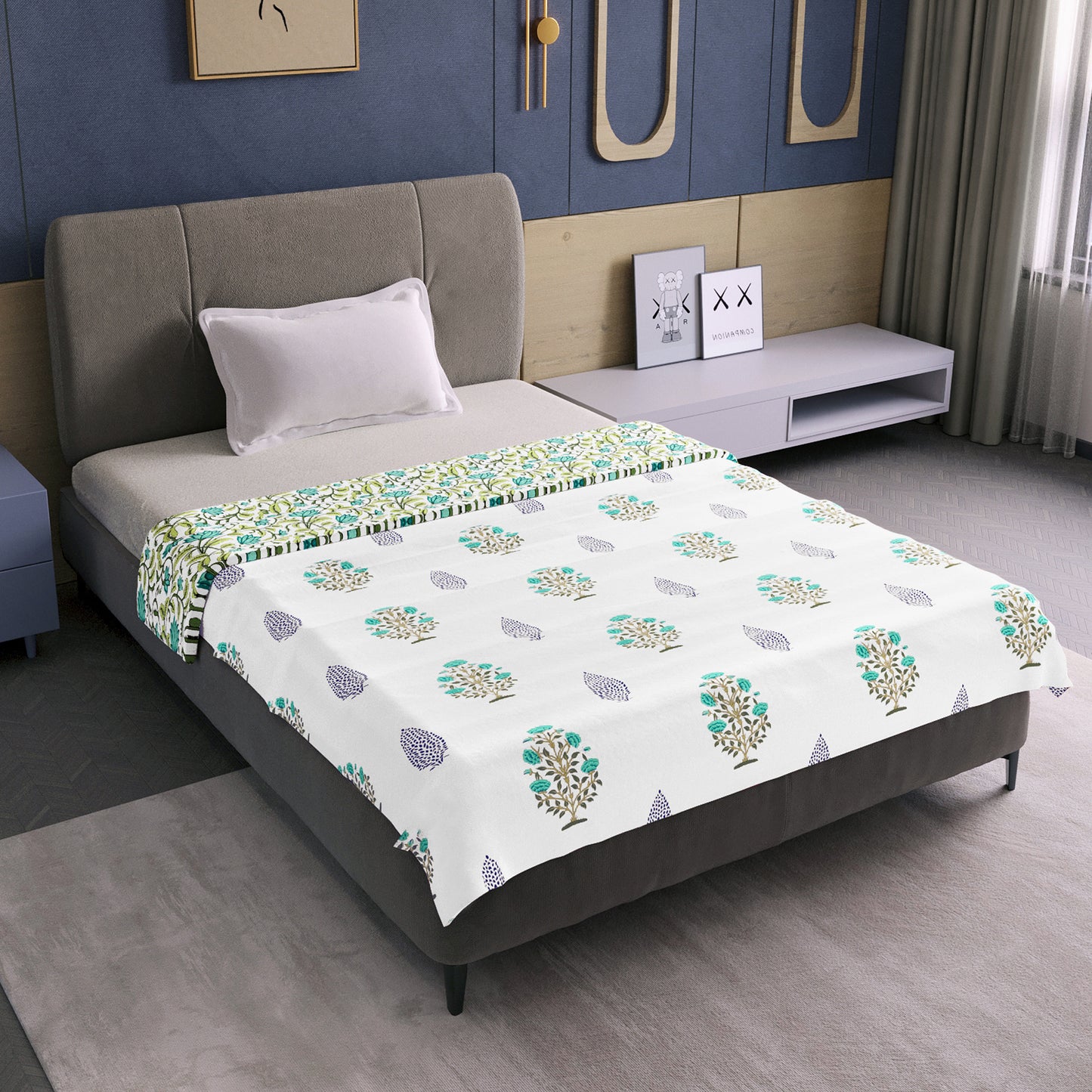 White & Teal Lightweight Microfiber Reversible Dohar For Single Bed