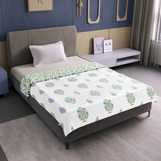White & Teal Lightweight Microfiber Reversible Dohar For Single Bed