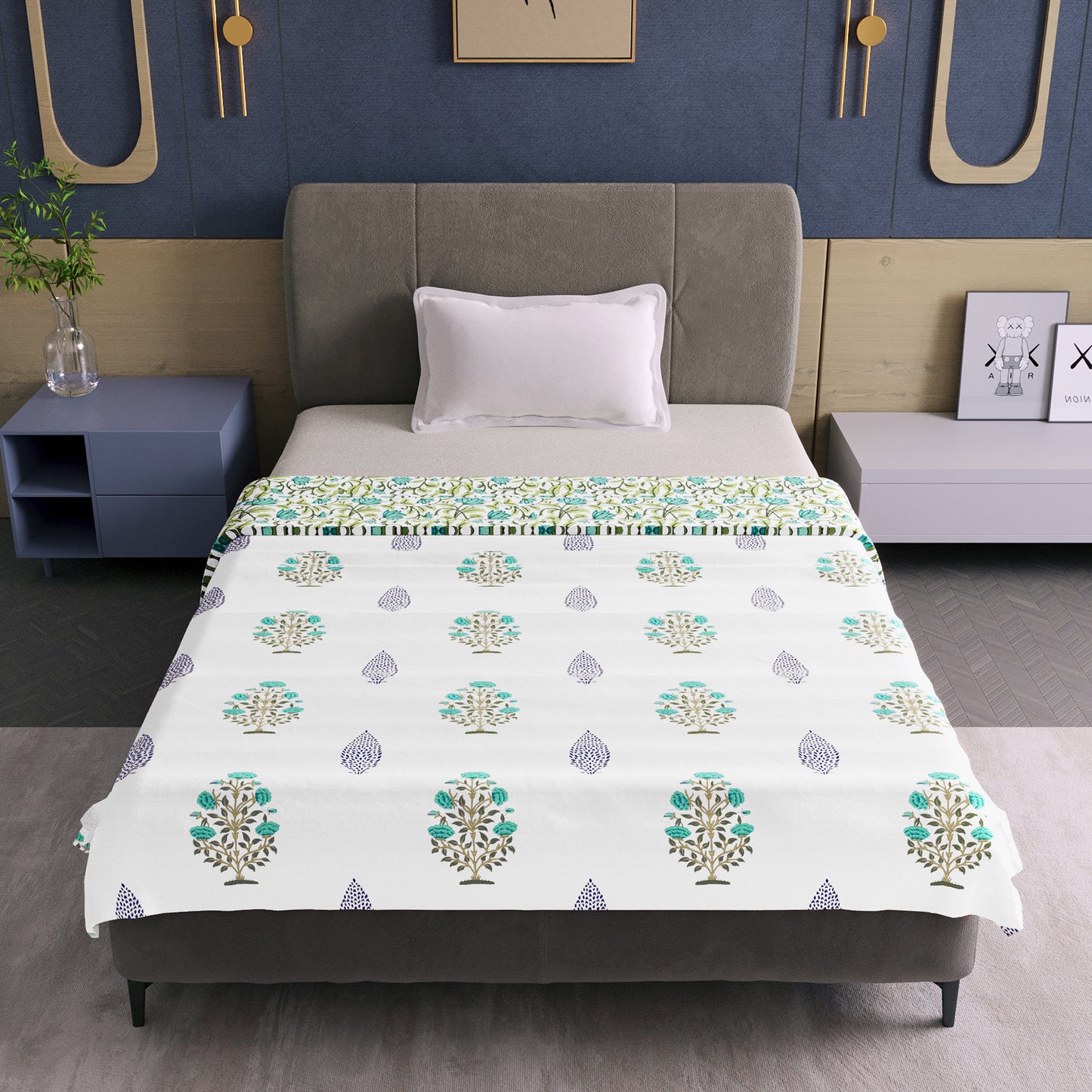 White & Teal Lightweight Microfiber Reversible Dohar For Single Bed