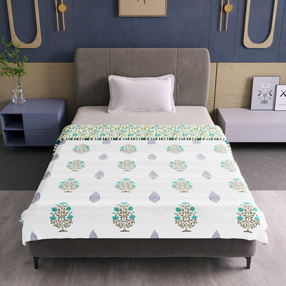White & Teal Lightweight Microfiber Reversible Dohar For Single Bed