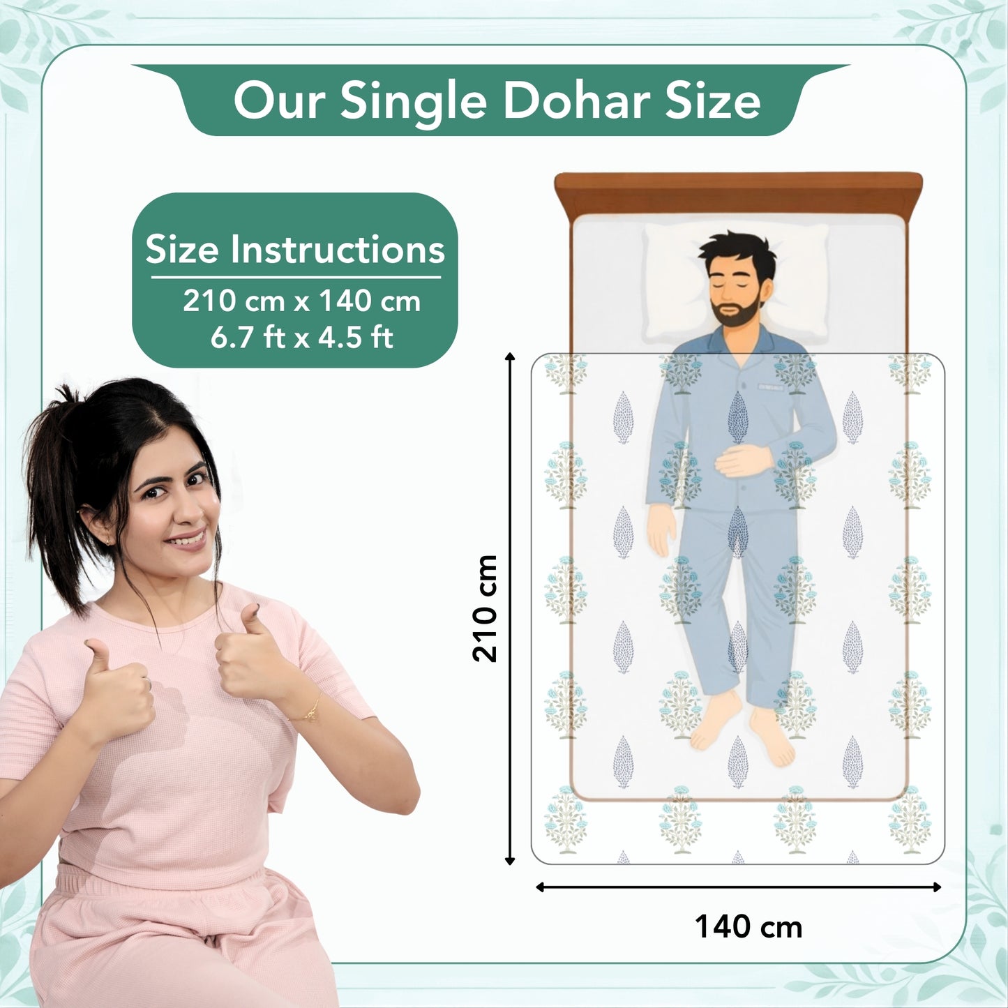 White & Teal Lightweight Microfiber Reversible Dohar For Single Bed