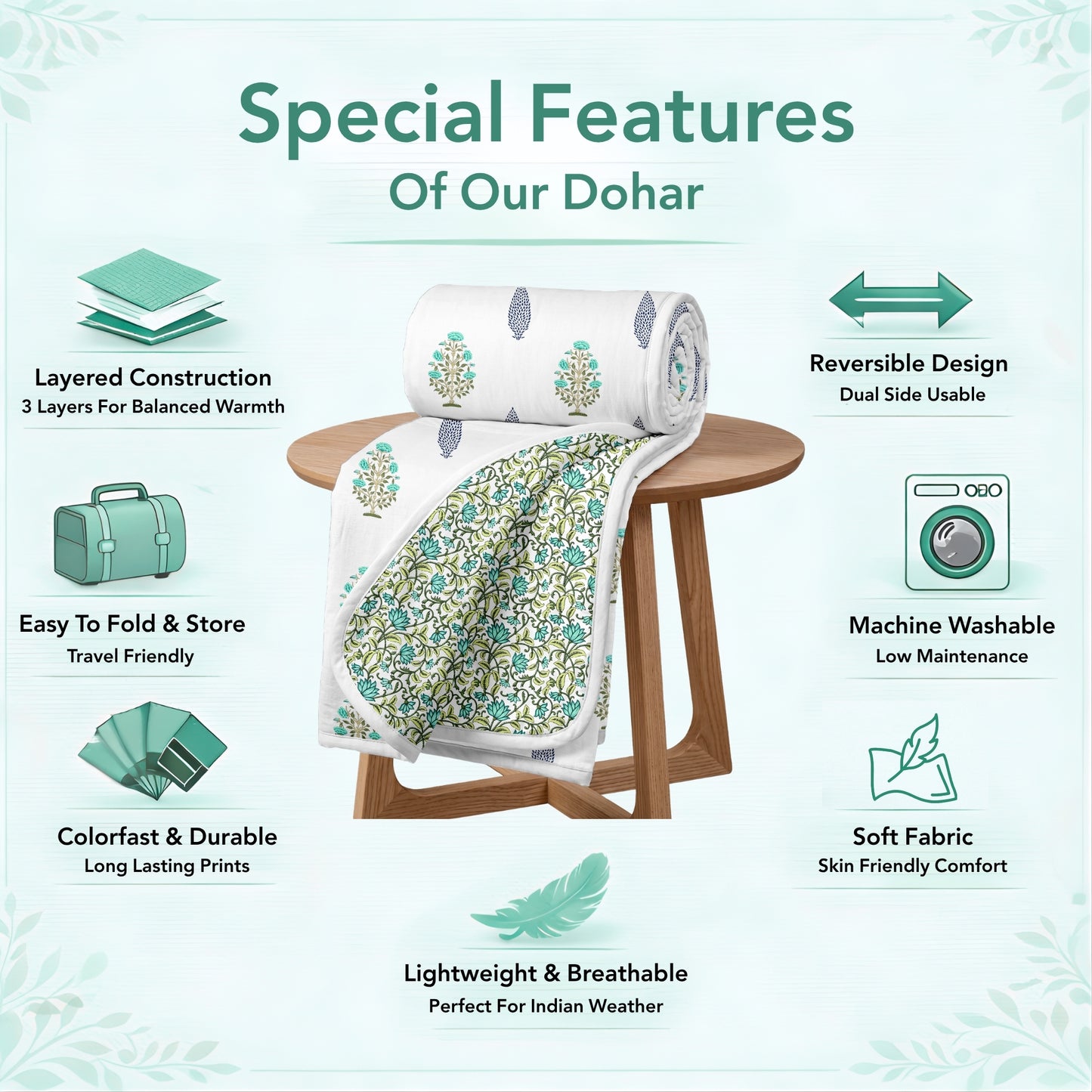 White & Teal Lightweight Microfiber Reversible Dohar For Single Bed