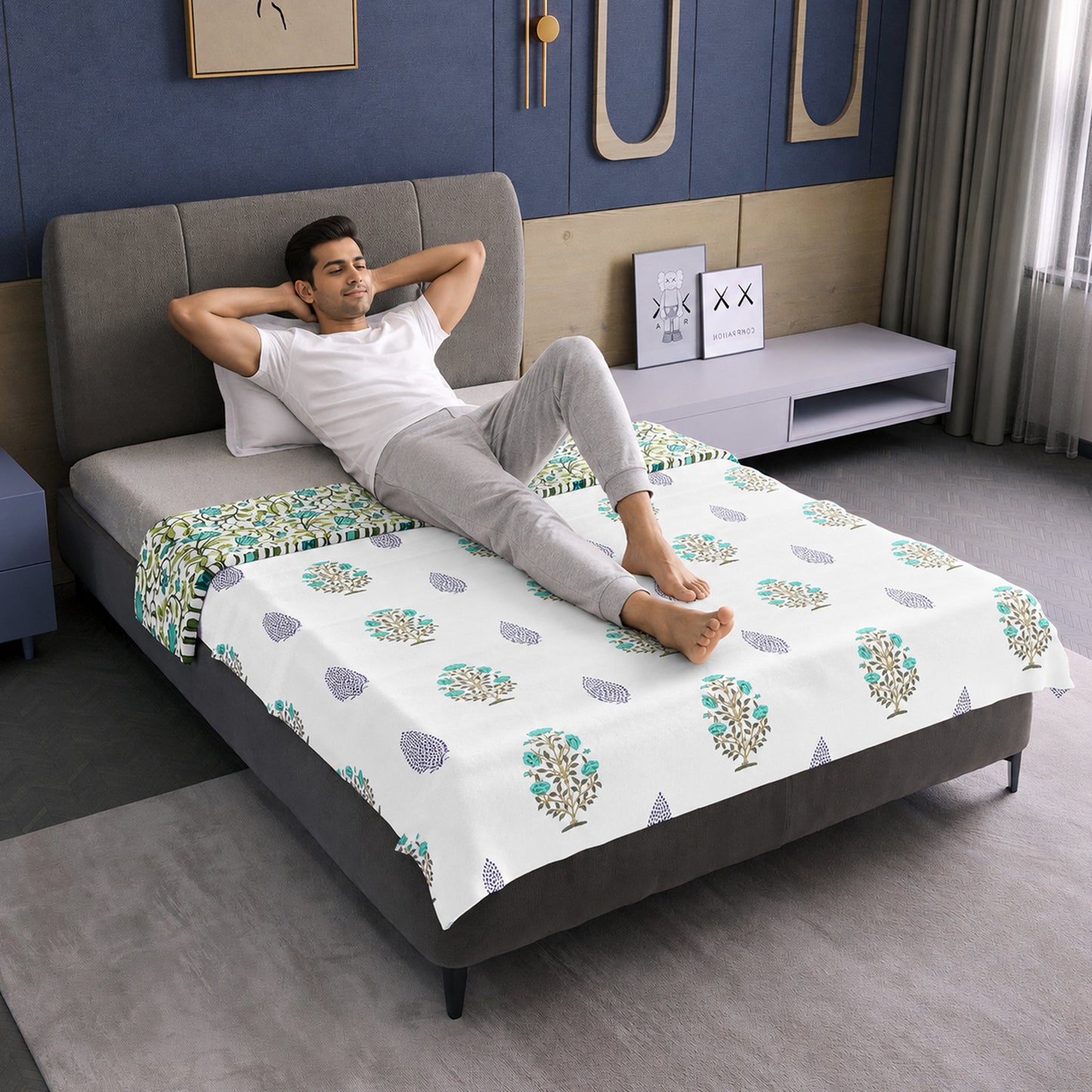 White & Teal Lightweight Microfiber Reversible Dohar For Single Bed