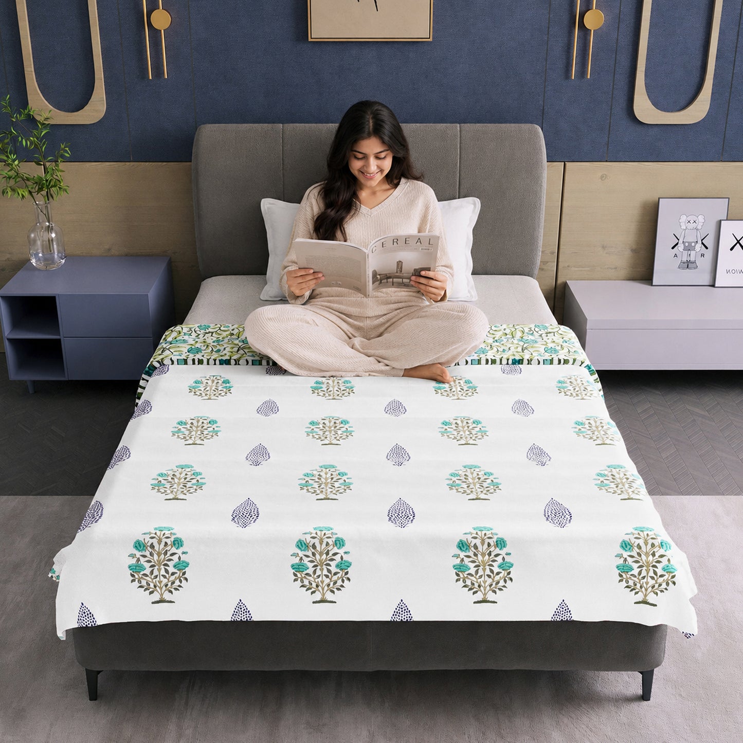 White & Teal Lightweight Microfiber Reversible Dohar For Single Bed