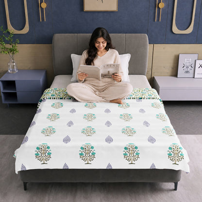 White & Teal Lightweight Microfiber Reversible Dohar For Single Bed