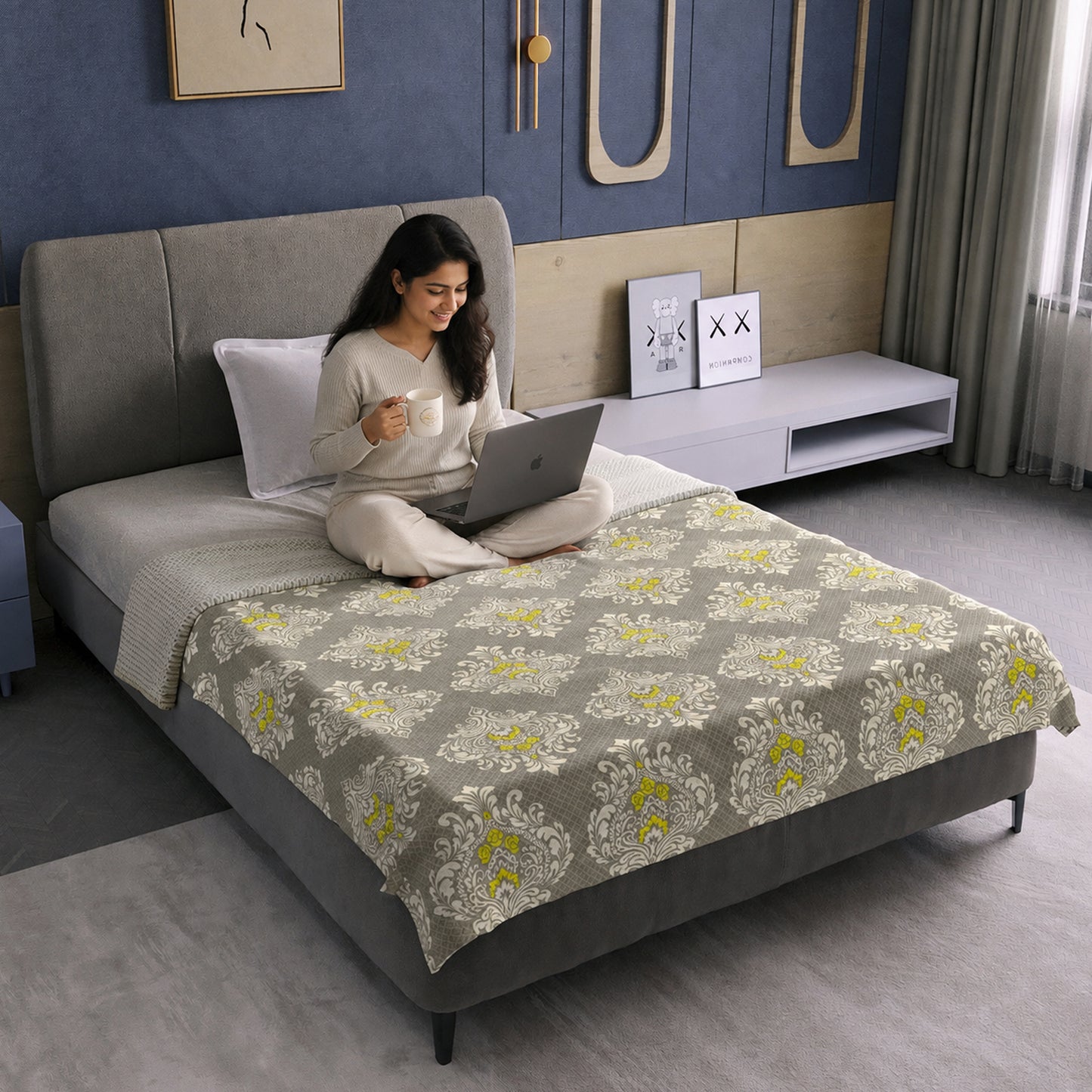 Cream And Yellow Floral Printed Lightweight Microfiber Single Dohar
