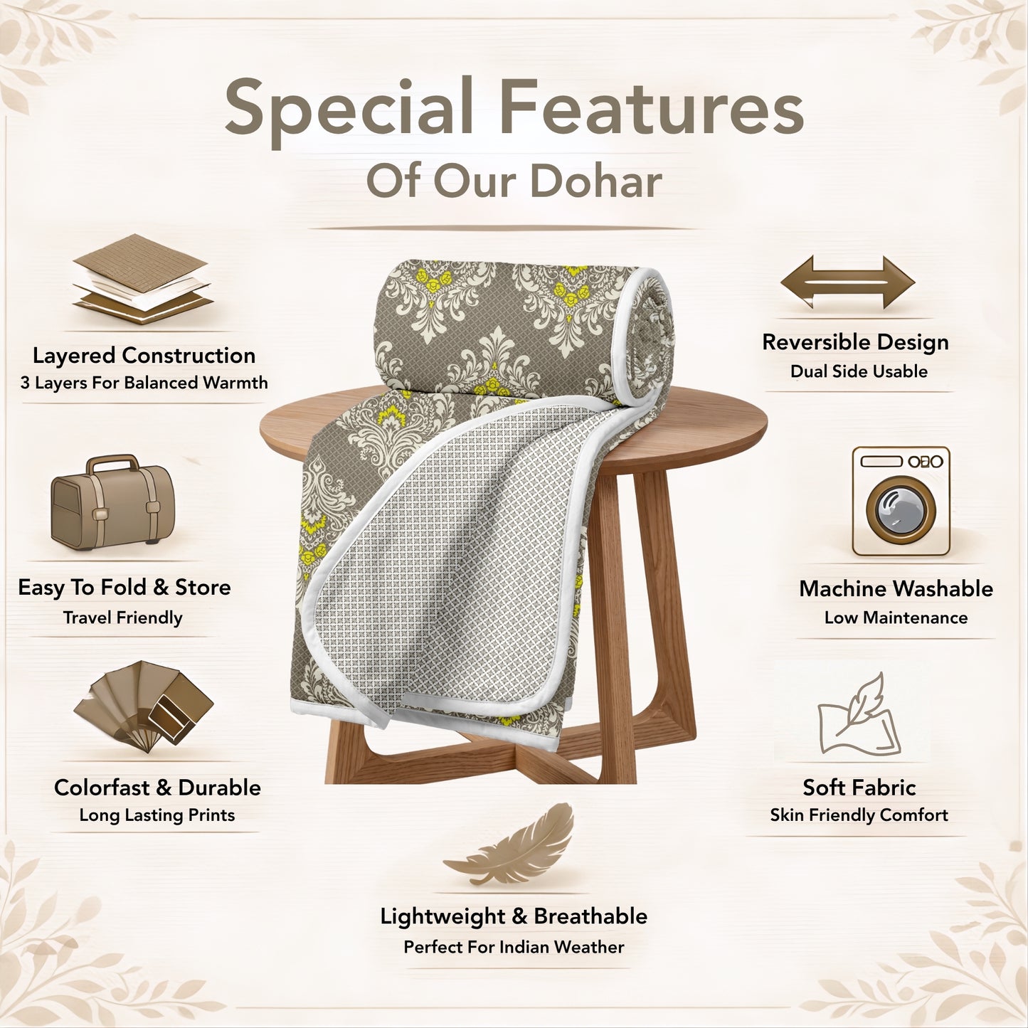 Cream And Yellow Floral Printed Lightweight Microfiber Single Dohar