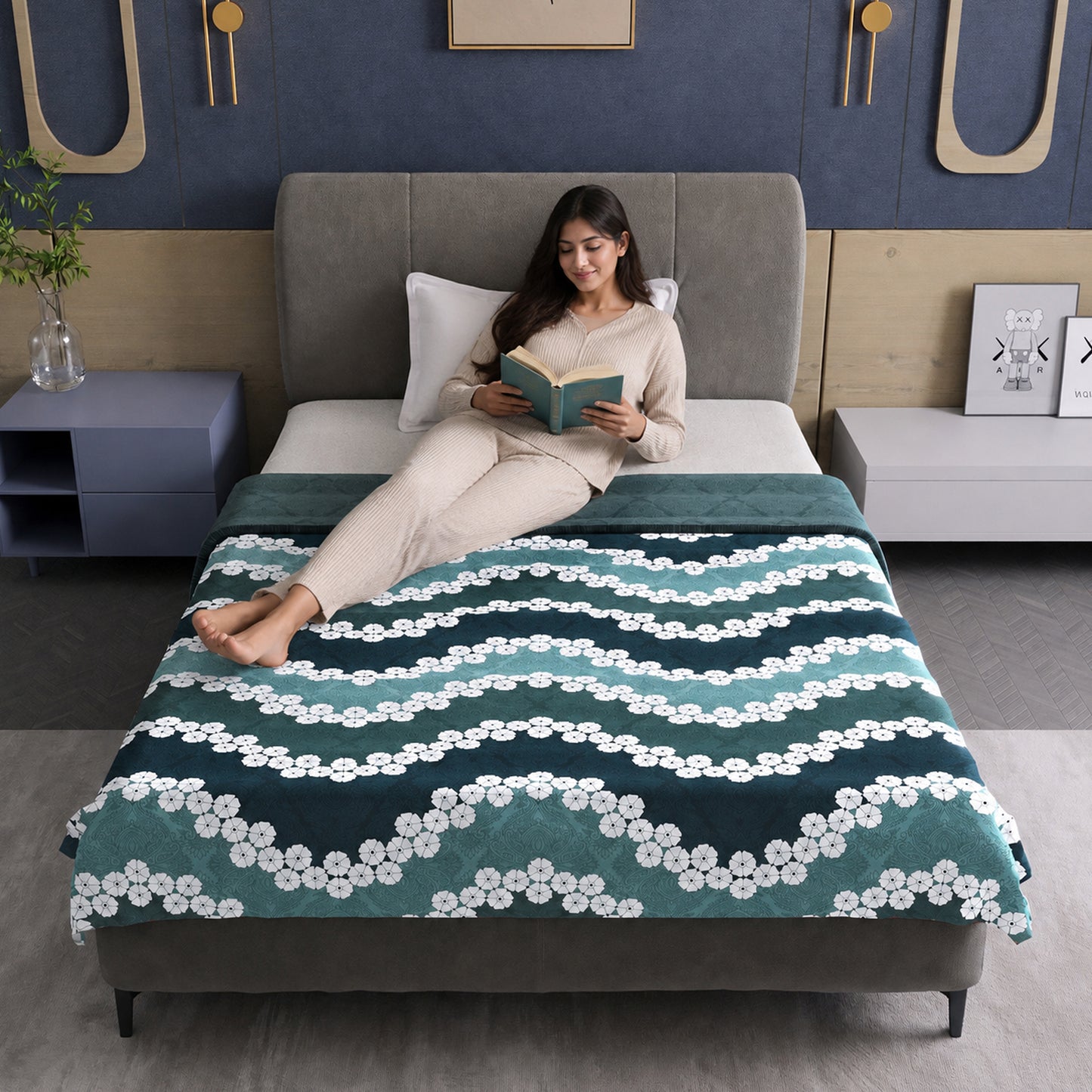 Aqua Green Floral Printed Lightweight Microfiber Single Dohar