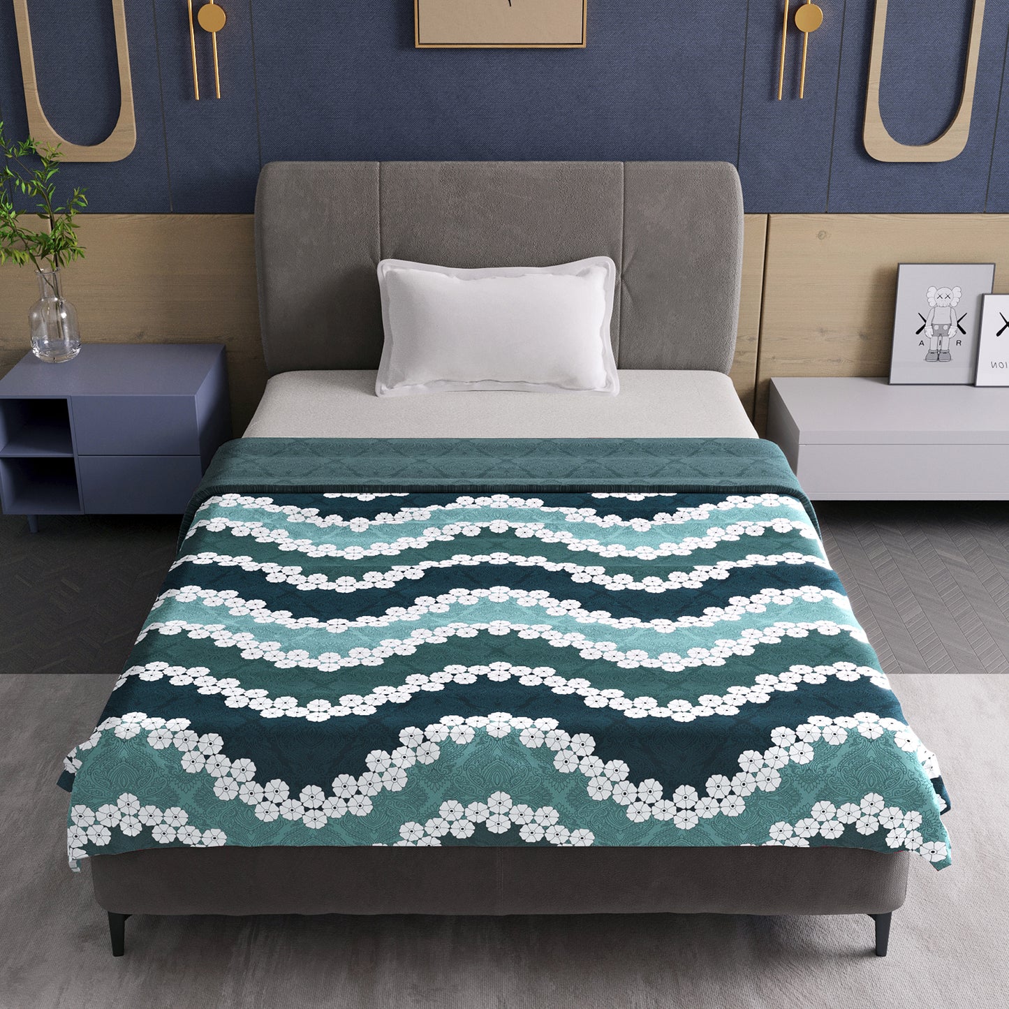 Aqua Green Floral Printed Lightweight Microfiber Single Dohar