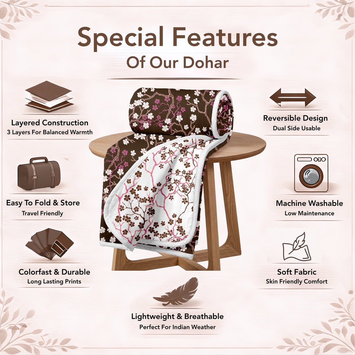 Brown Floral Microfiber Single Dohar – 120 GSM