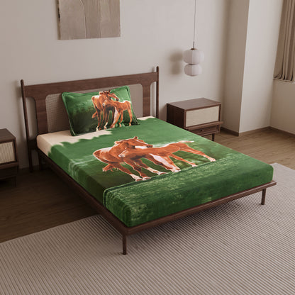 Horse Design Single Cotton Bedsheet - 210 TC