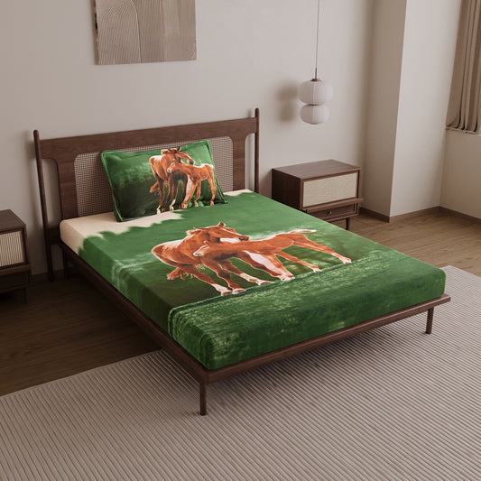 Horse Design Single Cotton Bedsheet - 210 TC