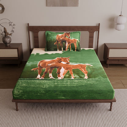 Horse Design Single Cotton Bedsheet - 210 TC