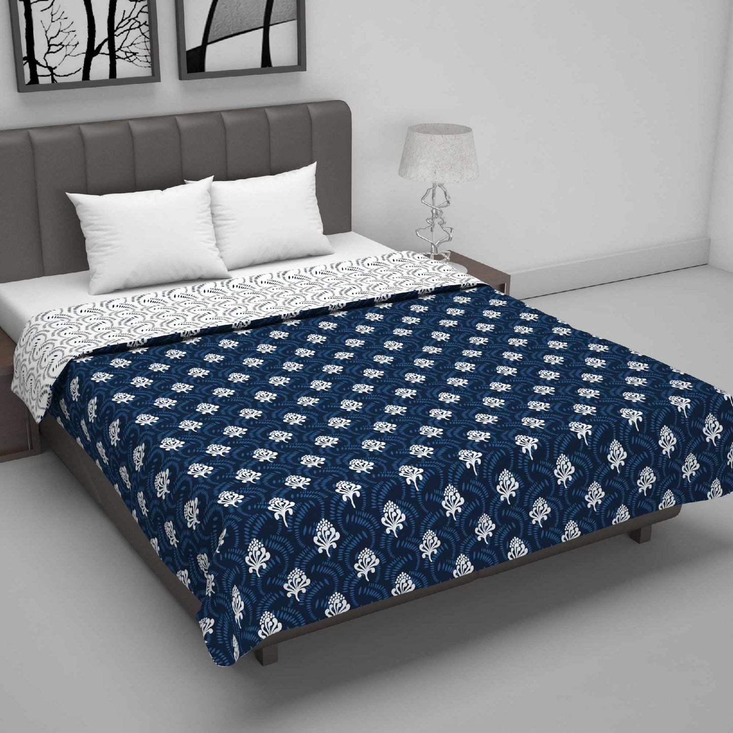 Block Printed Reversible Double Bed AC Dohar - Navy Blue