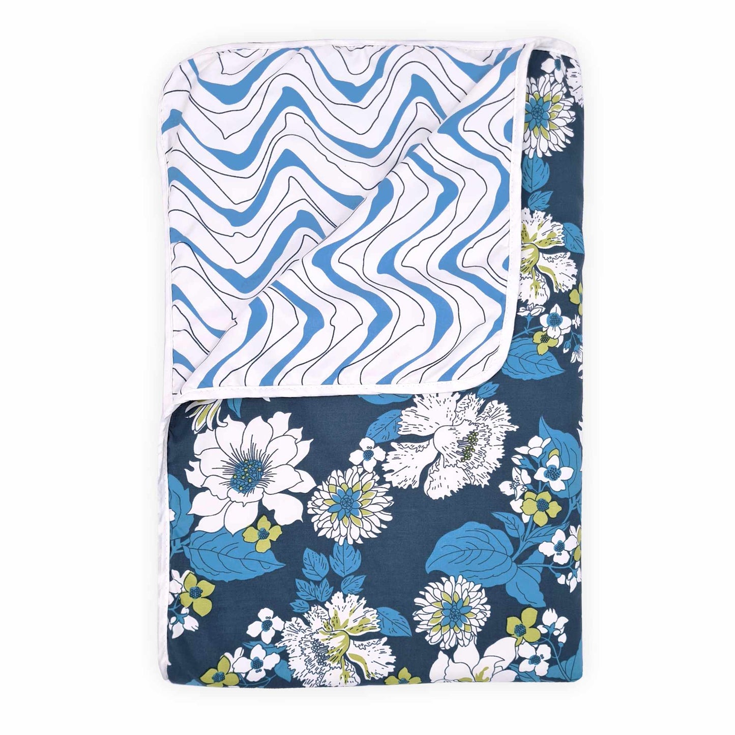 Blue Bright White 120 GSM Microfiber Floral Pattern Double Bed AC Blanket Dohar for All Season