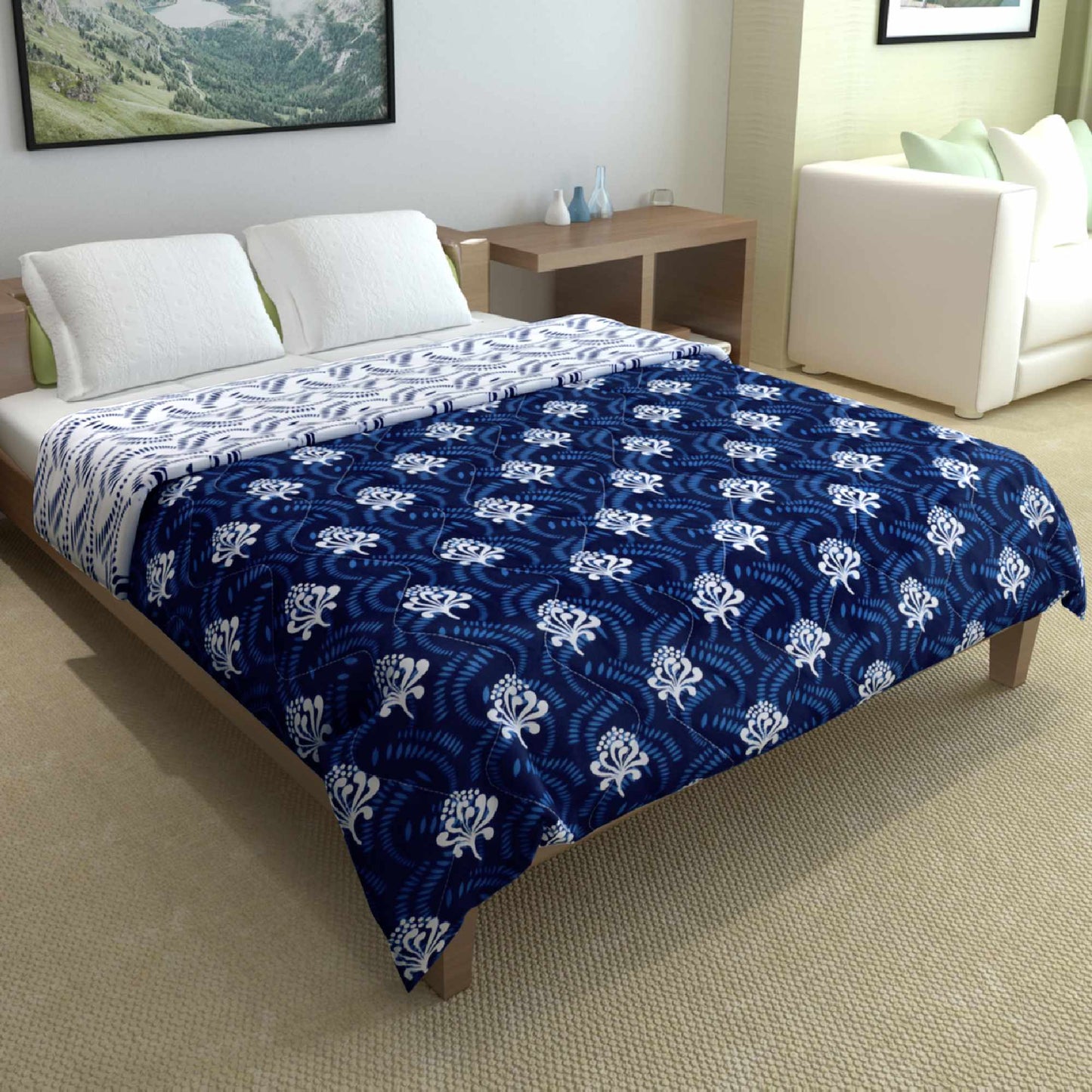 Navy Blue and White Microfibre Mild Winter Lightweight 120 GSM Floral Reversible Double Bed Quilt Comforter