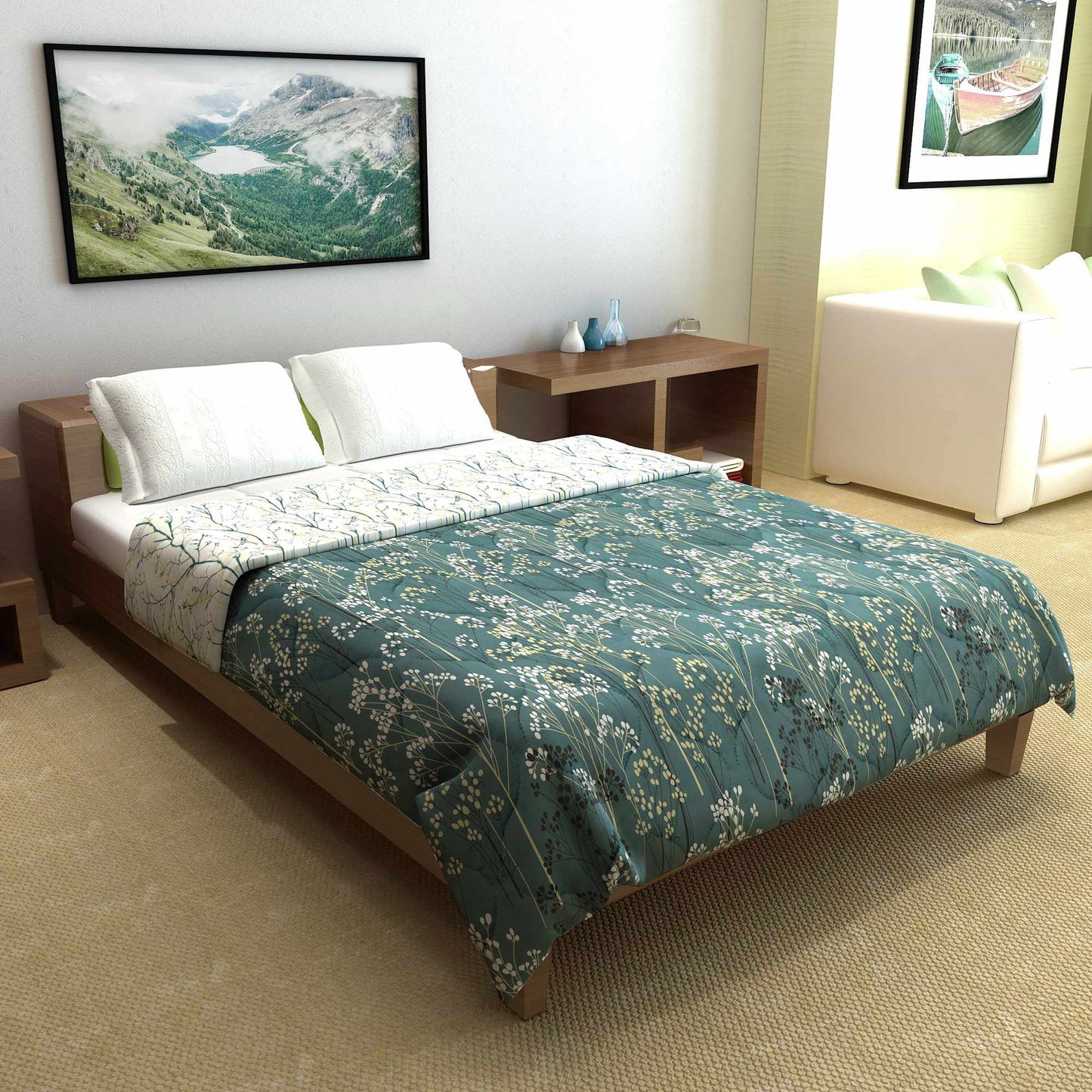 Green and White Geometric Printed Microfiber 150 GSM Mild Winter AC Quilt Reversible Double Bed Size Comforter For Daily Use