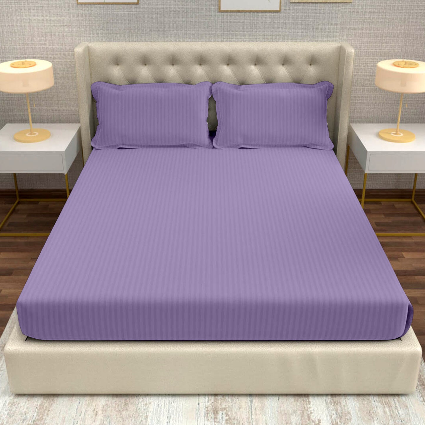 LAVENDER 100% Cotton 220 TC Italian Stripes Flat King Size Bedsheet With 2 Pillow Cover  For Bedroom