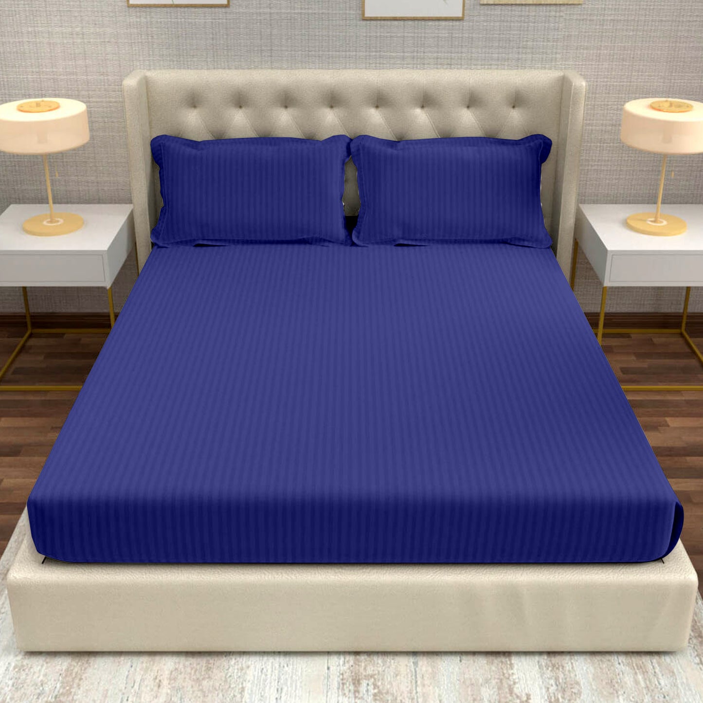 ROYAL BLUE 100% Cotton 220 TC Italian Stripes Flat King Size Bedsheet With 2 Pillow Cover  For Bedroom