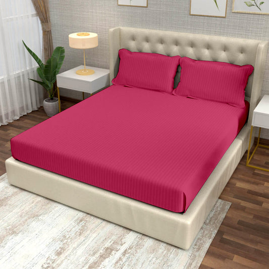 HOT PINK 100% Cotton 220 TC Italian Stripes Flat King Size Bedsheet With 2 Pillow Cover  For Bedroom
