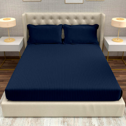 NAVY BLUE 100% Cotton 220 TC Italian Stripes Flat King Size Bedsheet With 2 Pillow Cover  For Bedroom