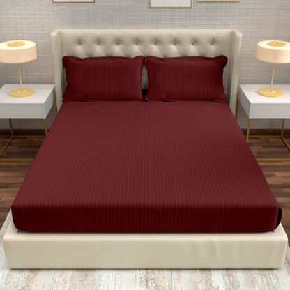 BURGUNDY 100% Cotton 220 TC Italian Stripes Flat King Size Bedsheet With 2 Pillow Cover For Bedroom