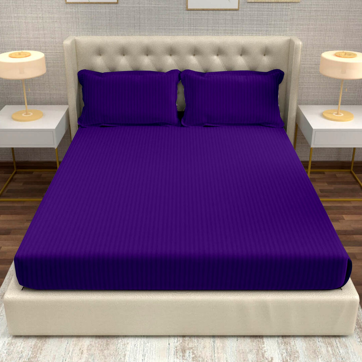 PURPLE 100% Cotton 220 TC Italian Stripes Flat King Size Bedsheet With 2 Pillow Cover  For Bedroom