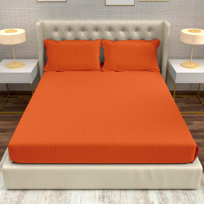 ORANGE 100% Cotton 220 TC Italian Stripes Flat King Size Bedsheet With 2 Pillow Cover  For Bedroom