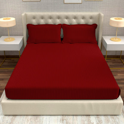 RED 100% Cotton 220 TC Italian Stripes Flat King Size Bedsheet With 2 Pillow Cover  For Bedroom