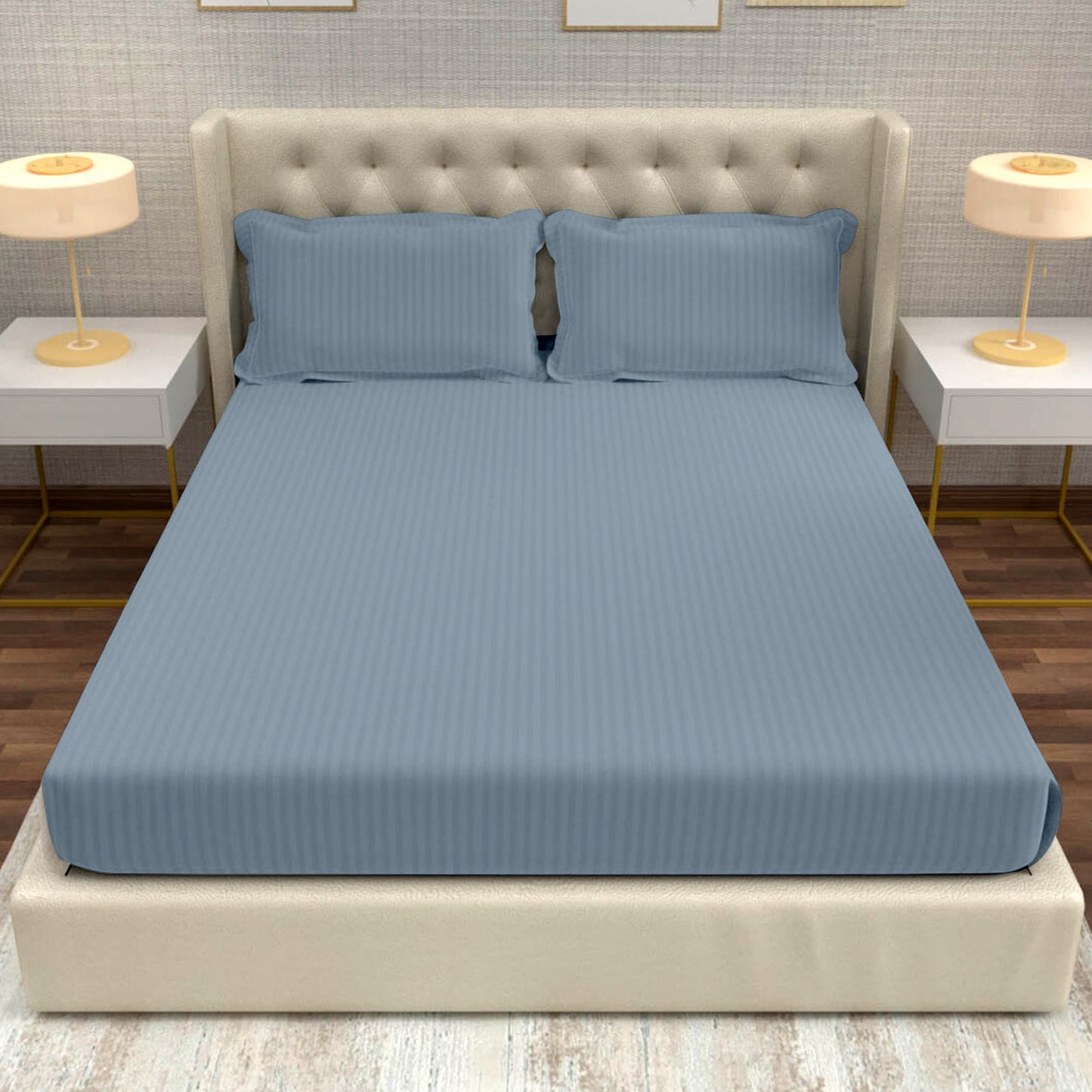 JEAN BLUE 100% Cotton 220 TC Italian Stripes Flat King Size Bedsheet With 2 Pillow Cover For Bedroom