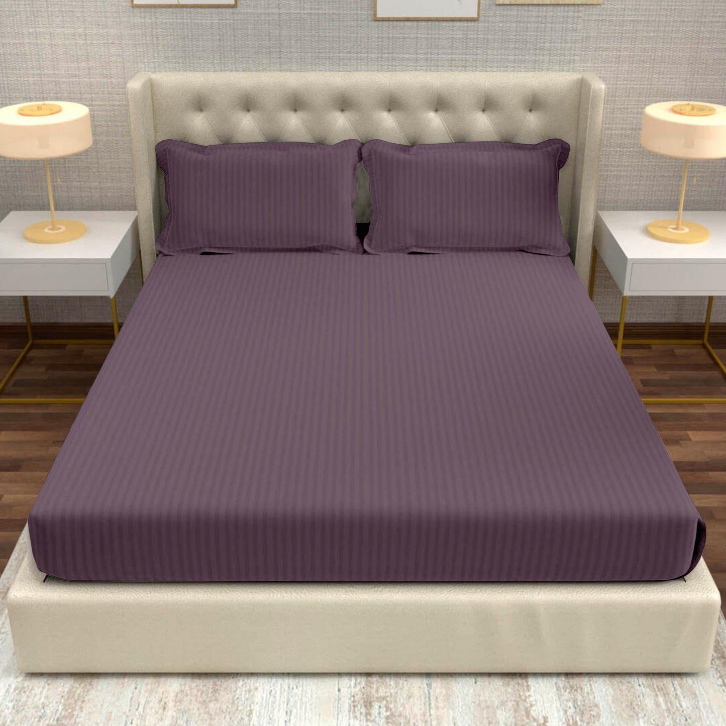 Plum 100% Cotton 220 TC Italian Stripes Flat King Size Bedsheet With 2 Pillow Cover for Bedroom