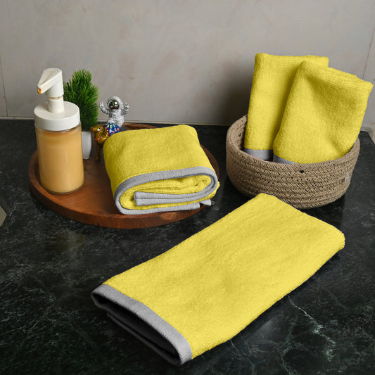 Yellow Cotton Set of 4 Hand & Face Towels Combo (40x60 cm, 30x30 cm)