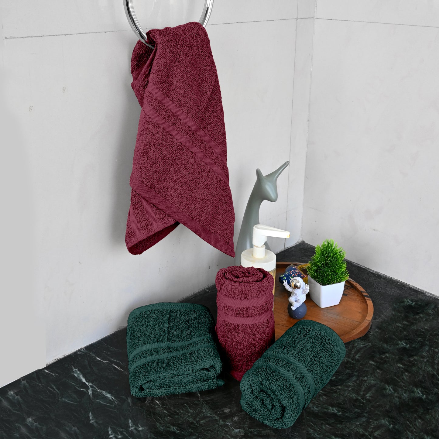 Maroon & Green Cotton Hand Towels Set of 4 (40x60 cm)
