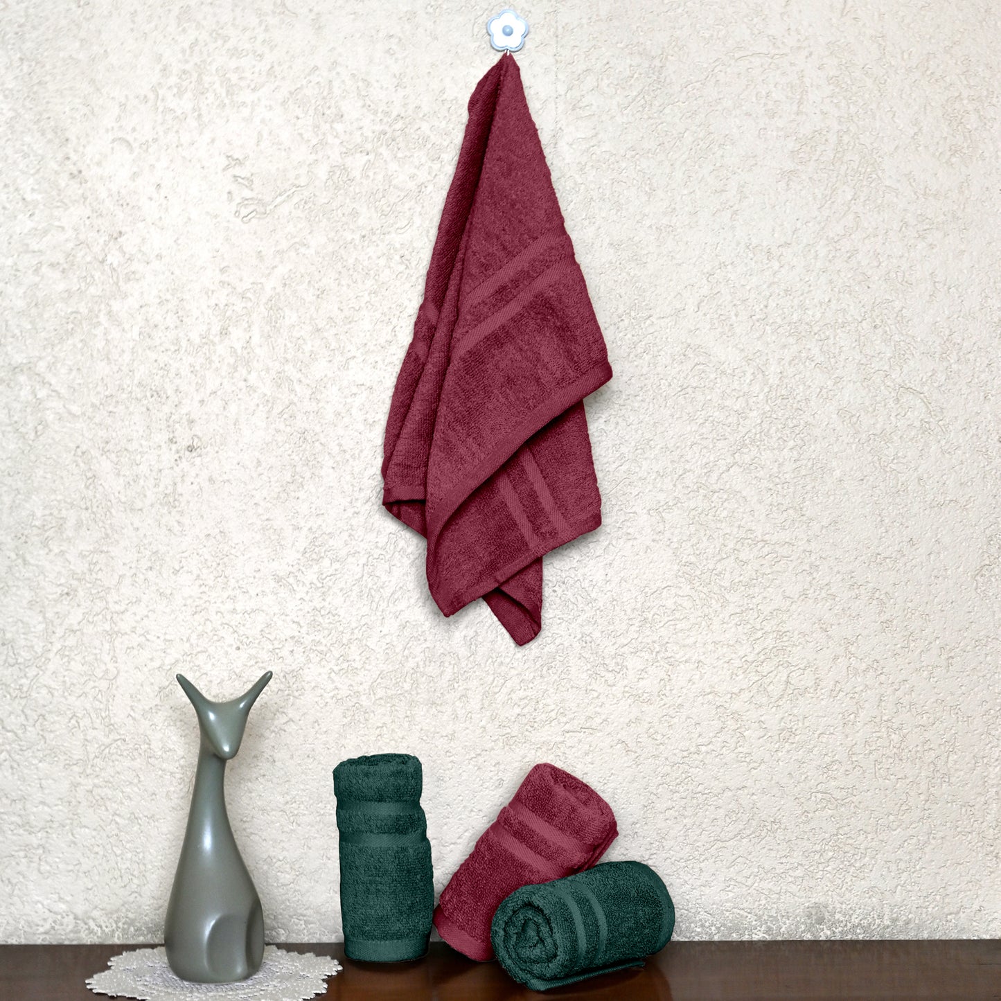 Maroon & Green Cotton Hand Towels Set of 4 (40x60 cm)