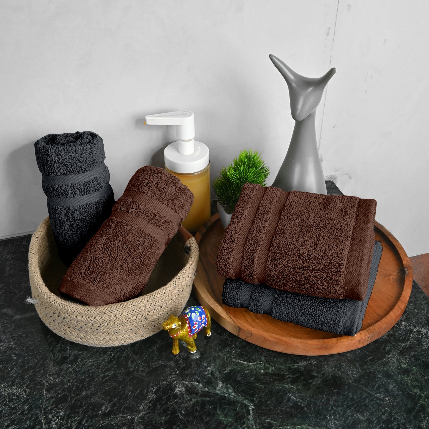 Brown & Grey Cotton Hand Towels Set of 4 (40x60 cm)