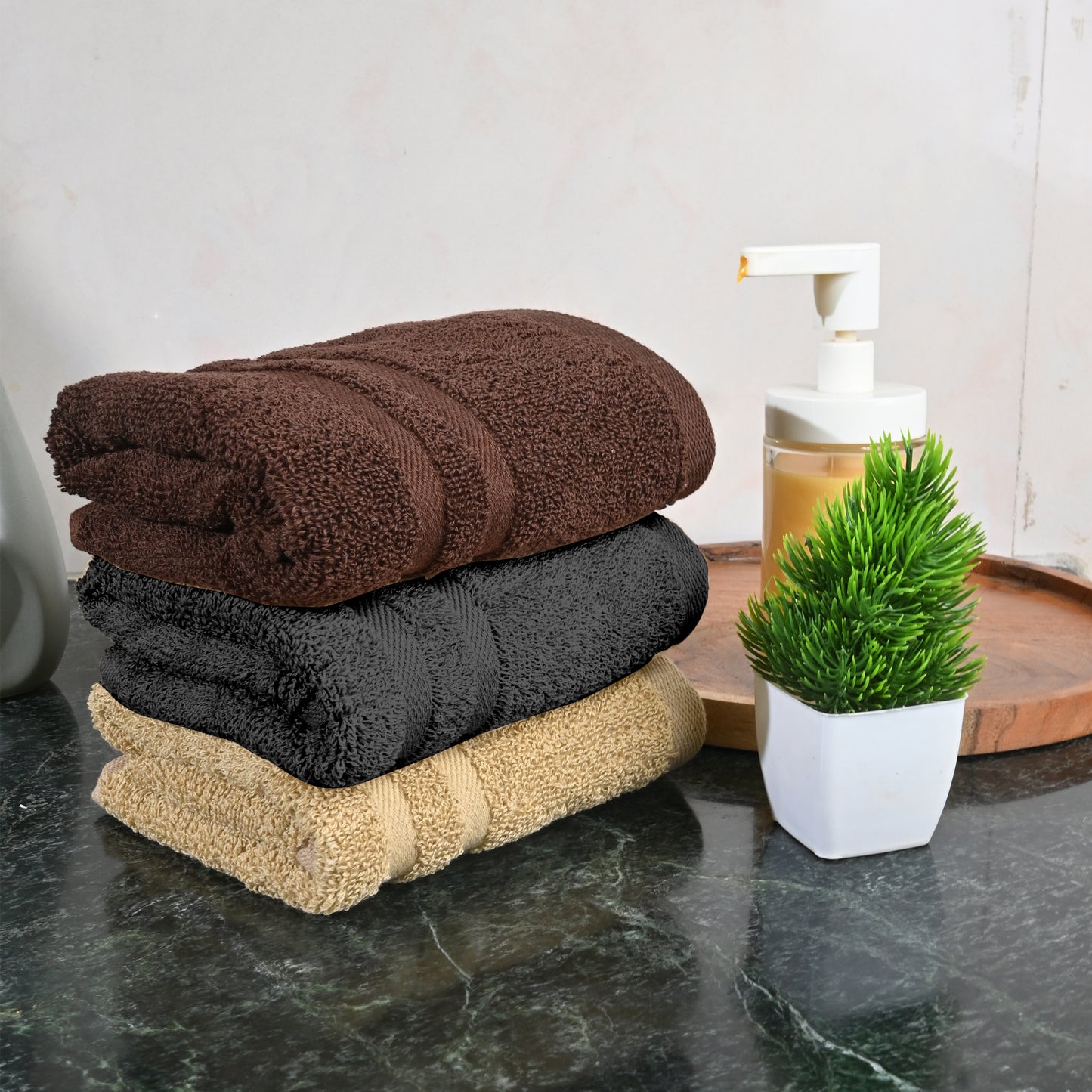 Brown, Grey & Beige Cotton Hand Towels Set of 3 (40x60 cm)