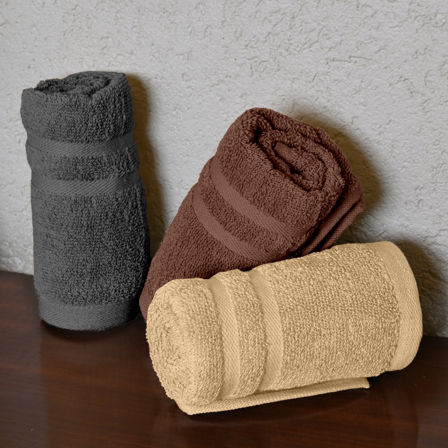 Brown, Grey & Beige Cotton Hand Towels Set of 3 (40x60 cm)
