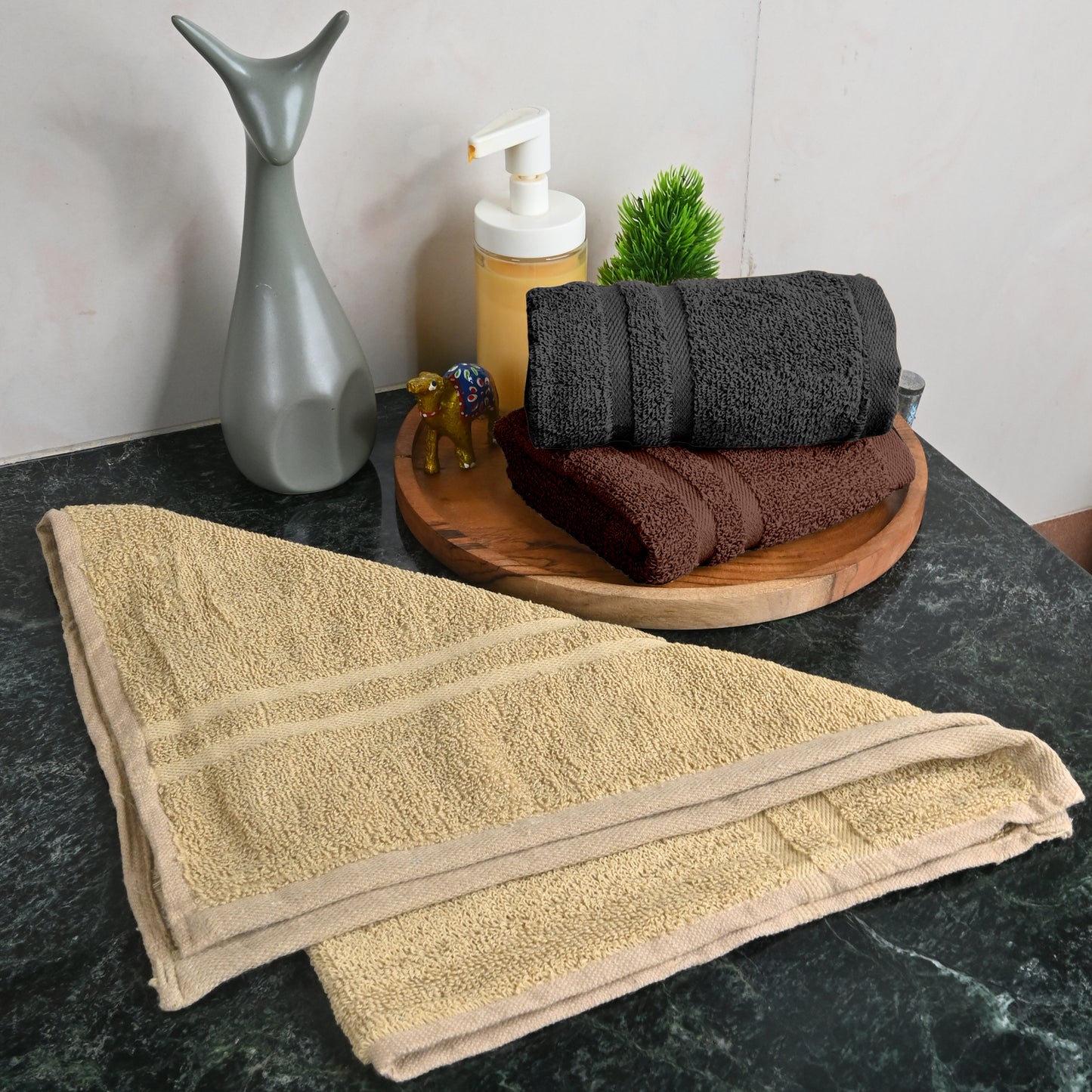 Brown, Grey & Beige Cotton Hand Towels Set of 3 (40x60 cm)