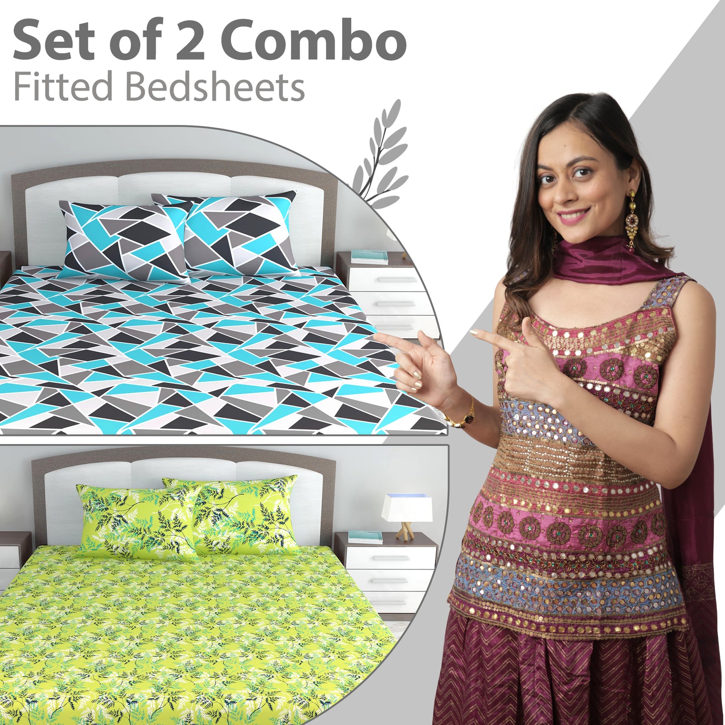 Blue Abstract and Green Leaf Set of 2 Elastic Fitted Combo Bedsheet For King Size Bed