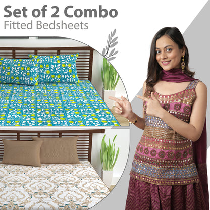 Ethnic Floral And Leaf Pattern Elastic Fitted Double Bedsheet Combo