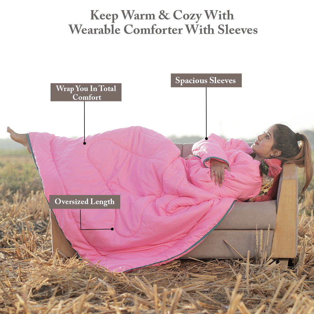 Pink Solid Pattern Reversible Wearable Comforter for Adult
