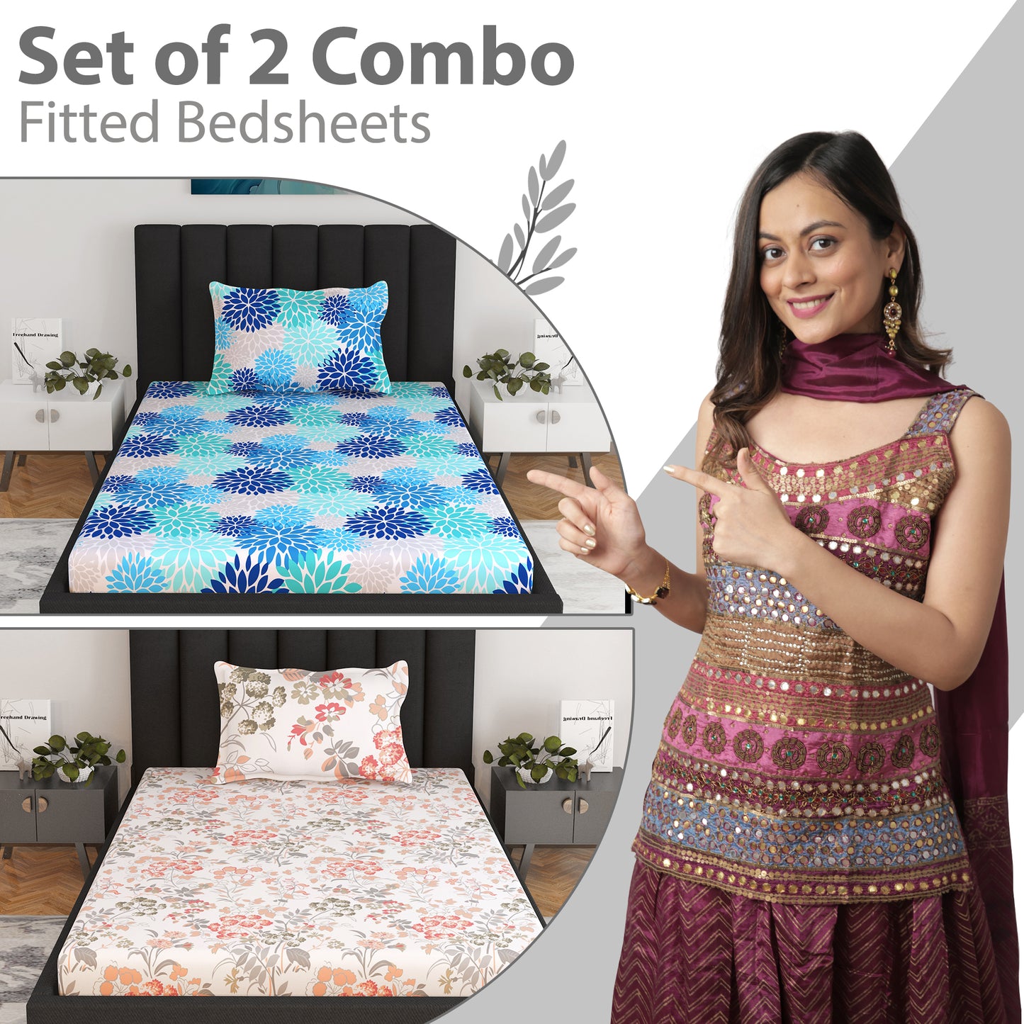 Blue and Peach Floral Print Elastic Fitted Combo Bedsheet For Single Bed